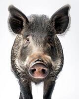 A pig is standing in front of a white background photo