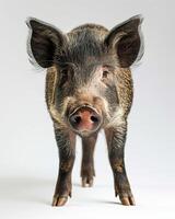 A pig is standing in front of a white background photo
