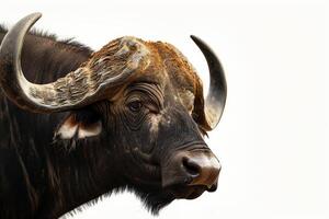 A large bull with long horns standing in front of a white background photo