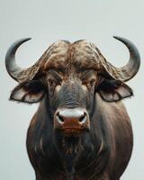 A close up of a buffalo with large horns photo