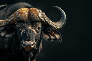 A close up of a buffalo with large horns photo