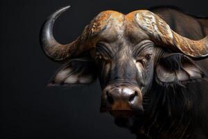 A close up of a buffalo with large horns photo