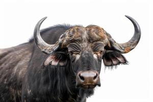A close up of a buffalo with large horns photo