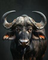 A close up of a buffalo with large horns photo