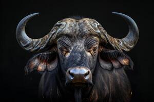 A close up of a buffalo with large horns photo