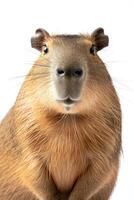 A capybara is standing in front of a white background photo