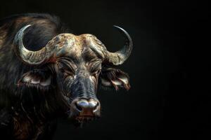 A close up of a buffalo with long horns photo
