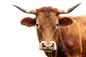 A close up of a brown cow with horns photo