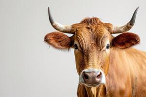 A close up of a cow with horns on a white background photo