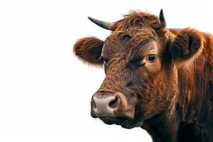A close up of a brown cow with horns photo