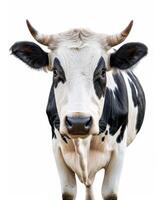 A cow with horns standing in front of a white background photo