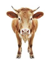 A cow with big horns standing in front of a white background photo