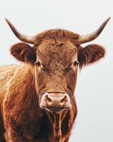 A close up of a bull with horns on a white background photo