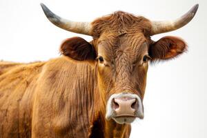 A close up of a brown cow with horns photo