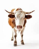 A cow with long horns standing in front of a white background photo