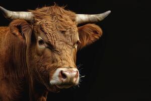 A close up of a brown cow with horns photo