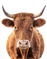 A close up of a cow with horns on a white background photo