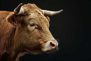 A close up of a brown cow with horns photo