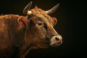 A close up of a brown cow with horns photo