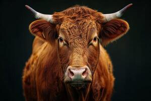 A close up of a brown cow with horns photo