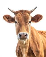 A brown cow with horns on a white background photo