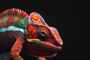 A colorful chameleon is sitting on a rock photo