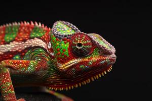 A colorful chameleon is sitting on a rock photo