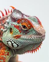 An iguana with bright red, green and orange colors photo