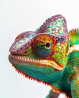 A colorful chameleon is shown in front of a white background photo