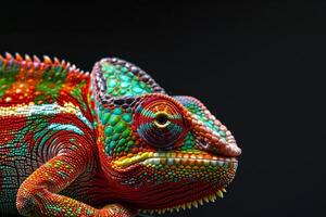 A colorful chameleon is sitting on a rock photo