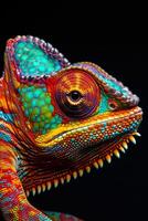 A colorful chameleon lizard is shown on a black background photo
