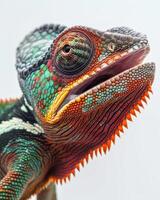 A close up of a chameleon's face photo