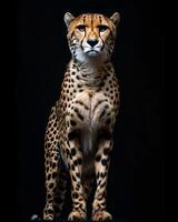 A cheetah standing in front of a black background photo