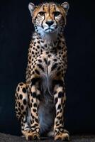 A cheetah is sitting on a rock photo