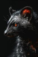 A close up of a black and white animal with red eyes photo