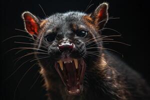 A close up of a black animal with its mouth open photo