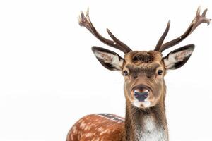 A deer with large horns and a white background photo