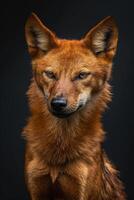 A red dog with blue eyes on a black background photo