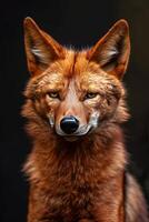 A close up of a red fox with a black background photo