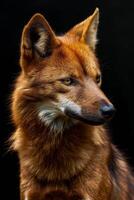 A red dog with yellow eyes on a black background photo