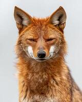 A close up of a red fox with its eyes closed photo