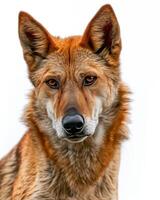 A close up of a red dog with orange eyes photo