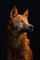 A red dog with blue eyes on a black background photo