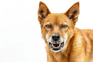 A dog with its mouth open and teeth showing photo