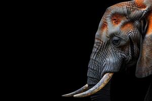 An elephant with a long tusk on a black background photo