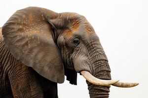 An elephant with tusks standing in front of a white background photo