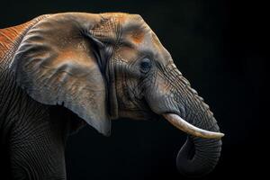 An elephant with tusks on a black background photo