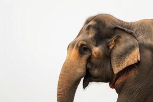 An elephant with a long trunk standing in front of a white background photo