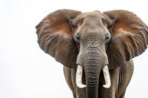 An elephant with tusks standing in front of a white background photo