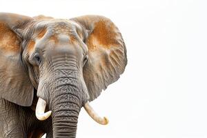 An elephant with tusks standing in front of a white background photo